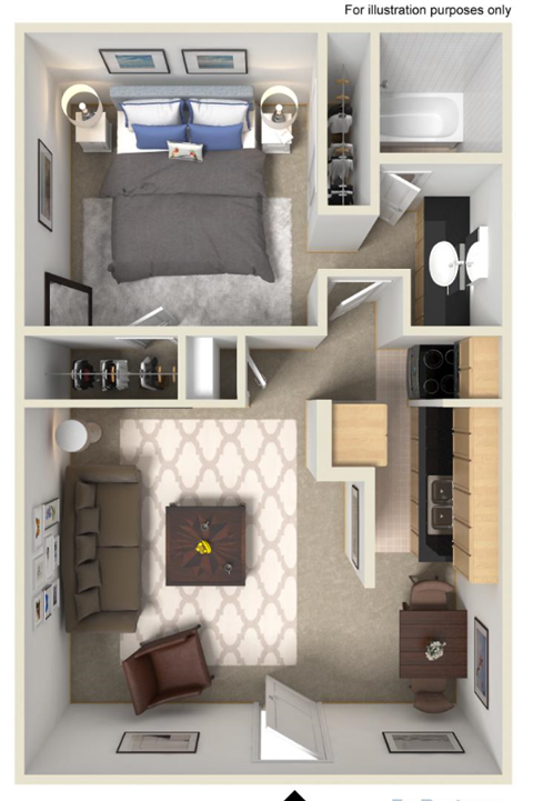 Floor plan for 1 bed, 1 bath, 650 sqft